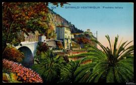 Tarjeta postal policromada de vista panorámica de Grimaldi di Ventimiglia y su puente ferroviario...