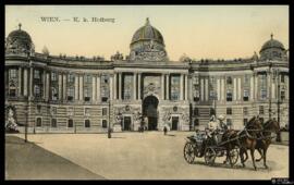 Tarjeta postal a color de vista exterior del Palacio de Hofburg en Viena editada por el W. D. W. I.