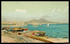 Tarjeta postal de reproducción a color de una acuarela de Carlo Brancaccio de la playa Da Mergell...