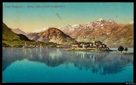 Tarjeta postal a color de vista panorámica de la Isola dei Pescatori y Baveno junto al Lago Mayor...