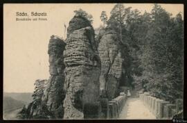 Tarjeta postal del paisaje rocoso y el puente en el paraje natural Sächsische Schweiz editada por...