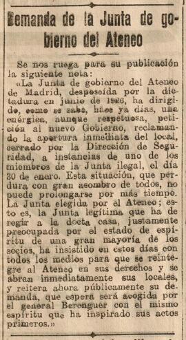 1930-02-10. La Junta de Gobierno del Ateneo reclama la apertura inmediata del local. El Liberal (...