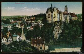 Tarjeta postal pintada a color de vista panorámica de Sigmaringen