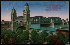 Tarjeta postal [de heliograbado a color] de vista panorámica del Hohenzollernbrücke en Colonia