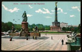 Tarjeta postal circulada a color de la Siegessäule y el Monumento a Bismarck o Bismarckdenkmal en...