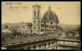 Tarjeta postal circulada a color de vista general de la Catedral de Santa María del Fiore de Flor...