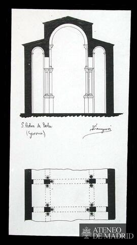 Planta y sección de San Pedro de Roda (Gerona). (Dibujo de Vicente Lampérez y Romea)