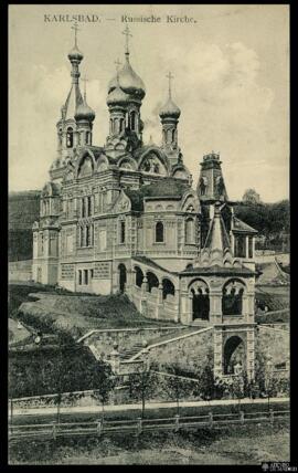 Tarjeta postal de vista exterior de la Iglesia ortodoxa de San Pedro y San Pablo de Karlovy Vary ...