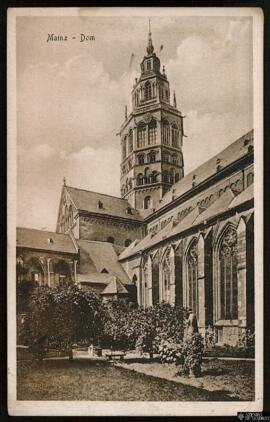 Tarjeta postal de vista exterior de la Catedral de Maguncia editada por Stengel & Co. en Dresde