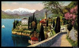 Tarjeta postal a color de vista panorámica de Varenna junto al Lago di Como editada por Cesare Ca...