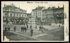 Tarjeta postal de escena costumbrista urbana en la Piazza della Scala de Milán remitida a los Mon...