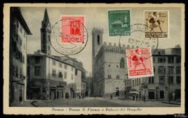 Tarjeta postal circulada de vista exterior de la Piazza San Firenze y el Palazzo del Bargello de ...