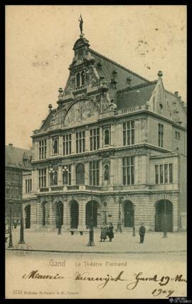 Tarjeta postal circulada de vista exterior del Théâtre Flamand de Gante editada por Wilhelm Hoffm...