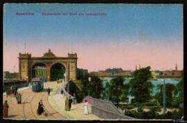 Tarjeta postal [de heliograbado a color] de vista panorámica del Rheinbrücke de Manheim y vista g...