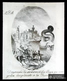 Dibujo que ilustra un libro, con la inscripción "Urganda la desconocida llega en una gran se...
