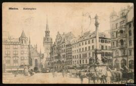 Tarjeta postal circulada de la Marienplatz de Múnich, fototipia de A. Rau, remitida por Sophie [S...