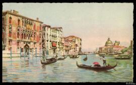 Tarjeta postal policromada de reproducción de una ilustración de gondoleros en el Canal Grande de...