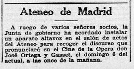 1931-12-06. Altavoz en el Ateneo para escuchar el discurso de Ortega y Gasset en el cine de la Óp...