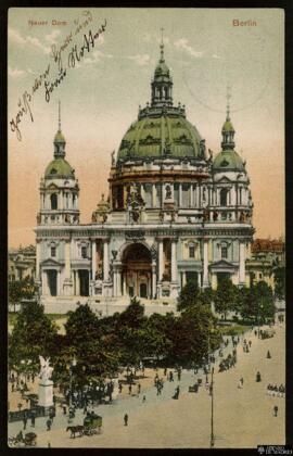 Tarjeta postal a color de vista exterior de la Nueva Catedral de Berlín editada por el Kunstverla...