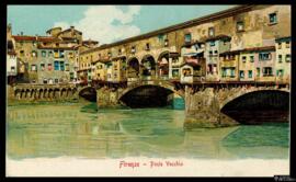 Tarjeta postal de ilustración a color del Ponte Vecchio de Florencia editada por Ferdinando Gobba...