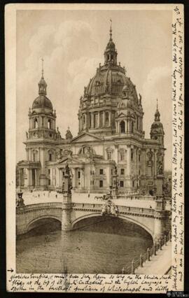 Tarjeta postal circulada de vista exterior de la Catedral de Berlín remitida al Reverendo P. B. C...