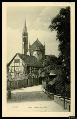 Tarjeta postal de vista exterior de iglesia católica en Guben, reproducción de Photo-Ellmenreich