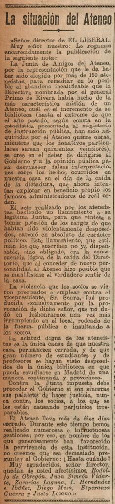 1930-02-12. Nota de la Junta de Amigos del Ateneo sobre la situación de la institución. El Libera...