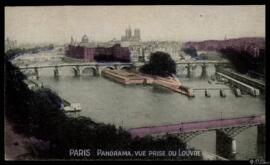 Tarjeta postal a color de vista panorámica de París desde el Palacio del Louvre con invitación al...