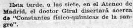 1931-03-25. Anuncio de conferencia del doctor Giral. Ahora (Madrid)
