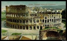 Tarjeta postal a color de vista general del Coliseo de Roma visto desde la Basílica de Santa Fran...