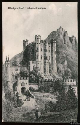 Tarjeta postal de vista exterior del Königsschloss de Hohenschwangau editada por B. Lehrburger