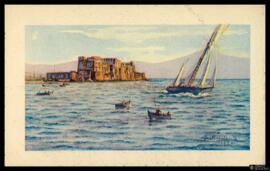 Tarjeta postal de reproducción a color de una ilustración de barcos navegando junto al Castel del...