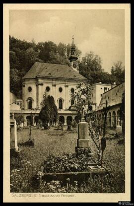 Tarjeta postal de vista exterior de la Abadía de San Sebastián en Salzburgo editada por el Verlag...