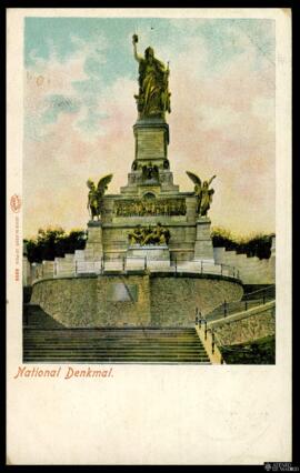 Tarjeta postal a color del National-Denkmal en Rüdesheim editada por Louis Glaser en Leipzig