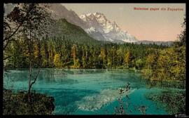 Tarjeta postal a color del lago Badersee hacia la montaña Zugspitte editada por el Verlag Franz H...