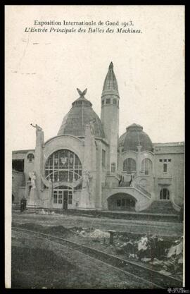 Tarjeta postal de vista exterior del Salón de Máquinas para la Exposición Universal de Gante de 1913