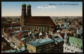 Tarjeta postal a color de vista panorámica de la Frauenkirche en Múnich