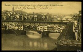 Tarjeta postal circulada a color de vista panorámica del Ponte Vecchio de Florencia desde el pase...