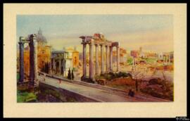 Tarjeta postal de ilustración a color de las ruinas del Foro Romano de Roma editada por las Edizi...