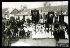 
Procesión con estandartes y trajes regionales
