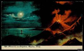 Tarjeta postal de ilustración a color de paisaje nocturno del Monte Vesubio en erupción