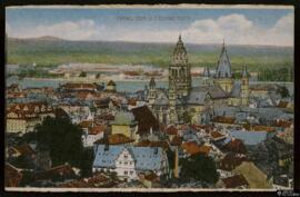 Tarjeta postal a color de vista general de la Catedral y la Stefansturm de Maguncia editada por e...