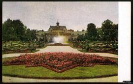 Tarjeta postal a color del palacio barroco y jardines Pillnitz en Dresde editada por A. P. Walther