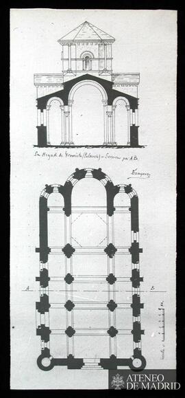 Planta y sección de San Miguel [a mano San Martín] de Frómista (Palencia). (Dibujo de Vicente Lam...