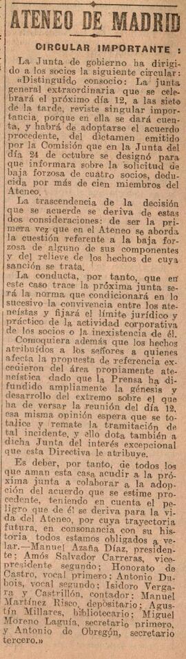 1931-11-11. Convocatoria a Junta general extraordinaria, sobre la expulsión de cuatro asociados. ...