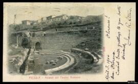 Tarjeta postal circulada de los avances de la excavación arqueológica en el Teatro Romano de Fies...