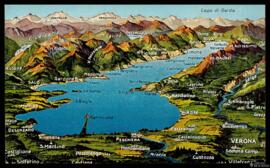 Tarjeta postal de mapa tridimensional del Lago di Garda y sus municipios circundantes editada por...