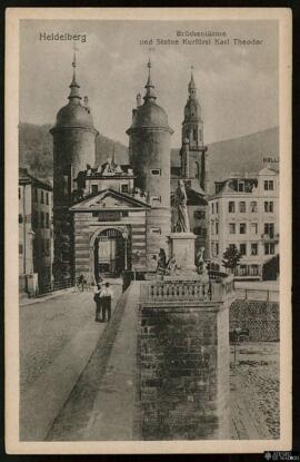 Tarjeta postal del puente y estatua de Carlos Teodoro del Palatinado y Baviera en Heidelberg edit...