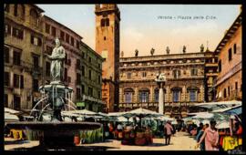 Tarjeta postal de escena costumbrista urbana de un día de mercadoen la Piazza delle Erbe de Veron...