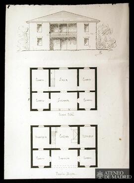 Alzado, planta principal y planta baja de una casa rural . (Dibujo de Vicente Lampérez y Romea)